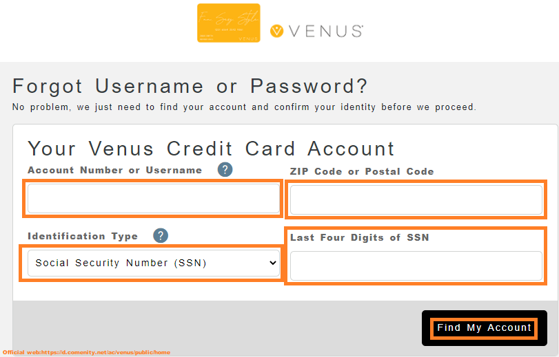 venus credit card forgot username2