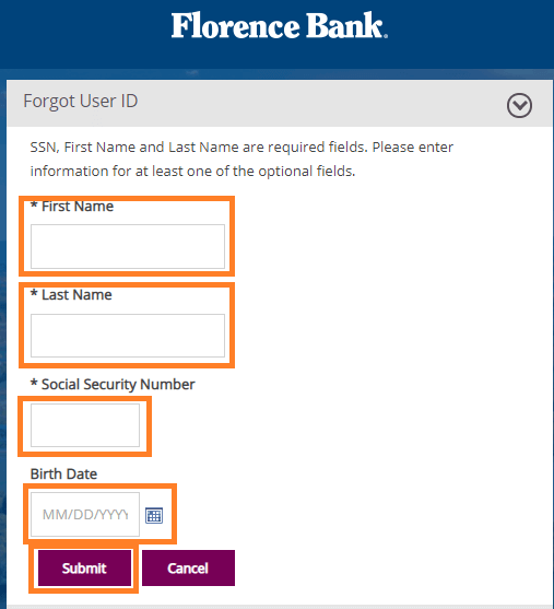 Forgot Florence Bank User ID 2
