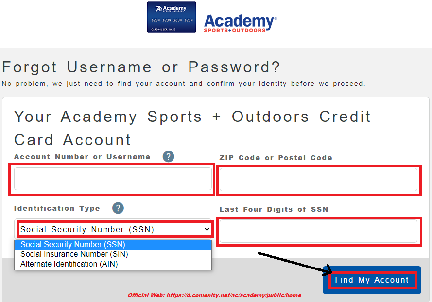 academy credit card forget username - password 2