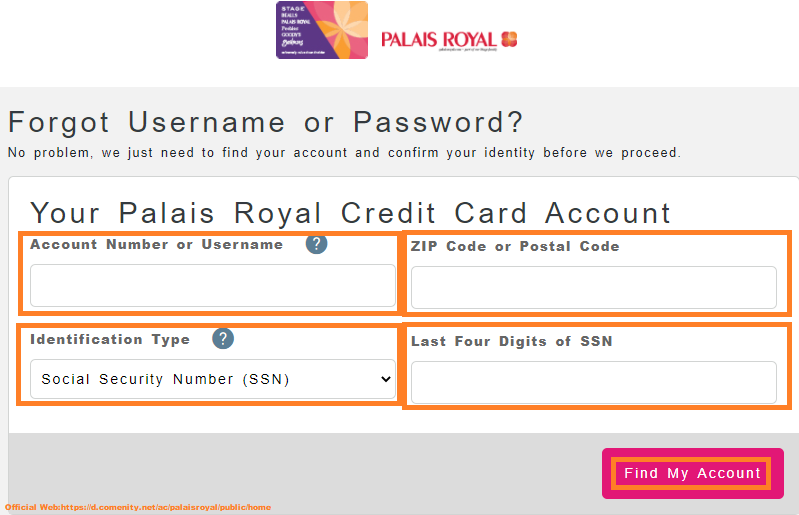 palais royal credit card forgot username2