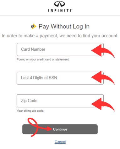 Infiniti card payment without login