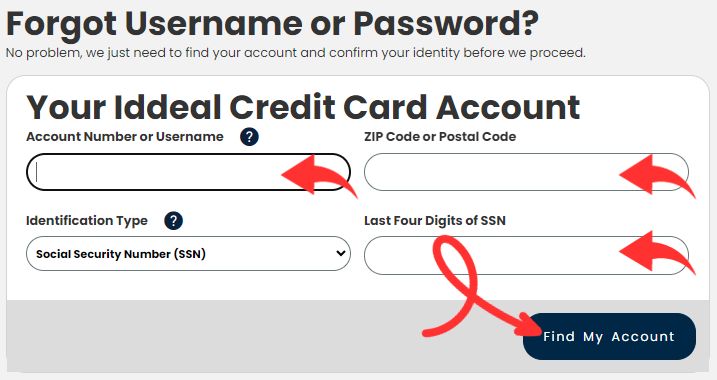 Retrieve Iddeal credit card account Username or Password