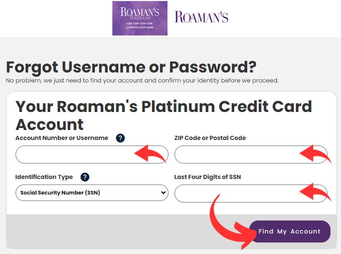 Retrieve Roaman's Platinum Credit Card Username/Password
