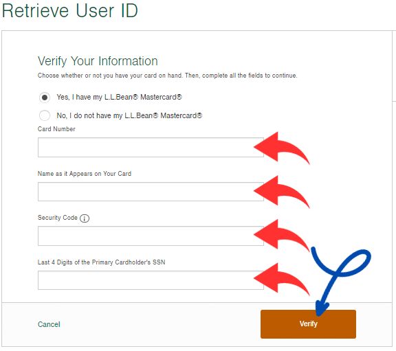 Retrieve User ID L.L. Bean Credit Card account